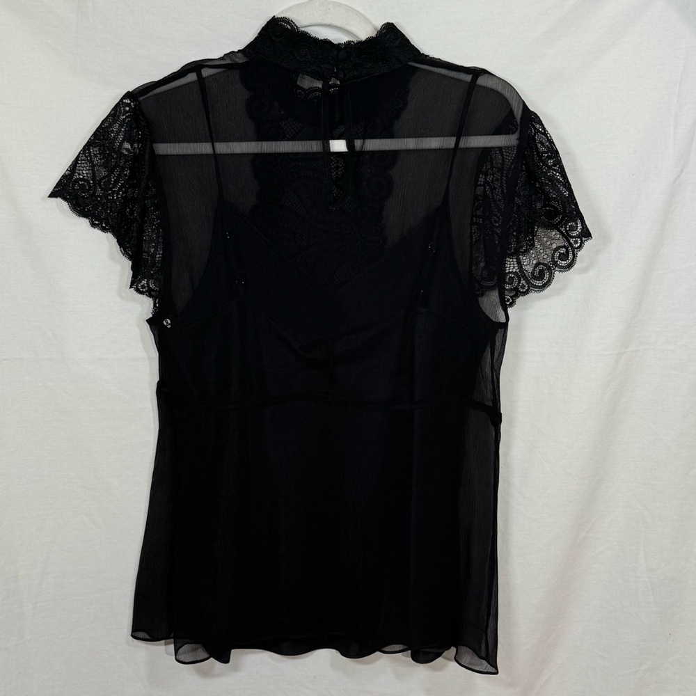 SOLD Black Sheer Silk Short Sleeve Blouse Lace Trim The Limited, Large, Camisole - Picture 11 of 16